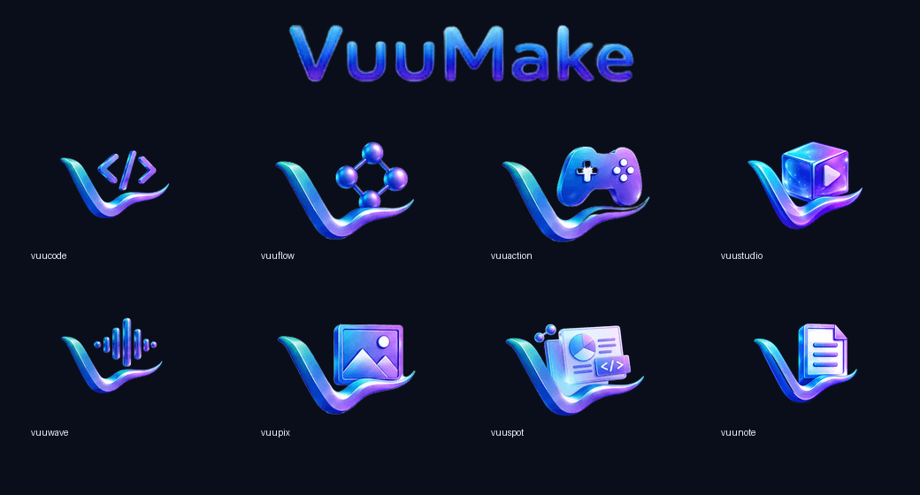 VuuMake launcher showing the eight integrated creative apps