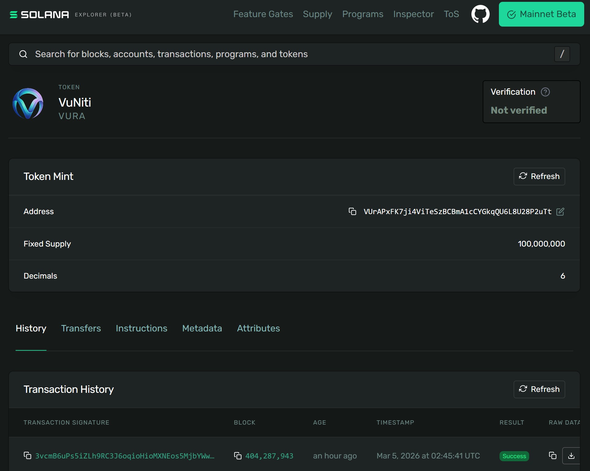 VuNiti VURA token mint details on Solana explorer
